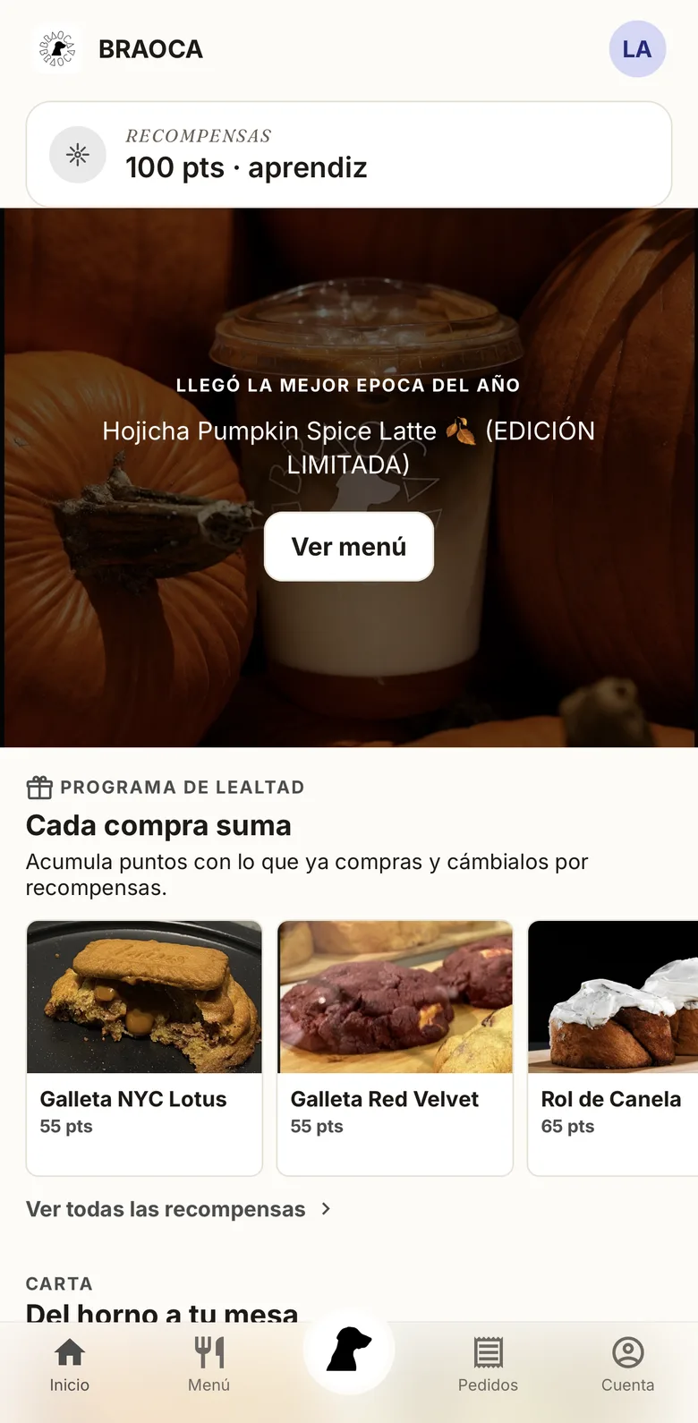 Pantalla de la app de BRAOCA: saldo de recompensas, promoción del mes y las recompensas que ya se pueden canjear