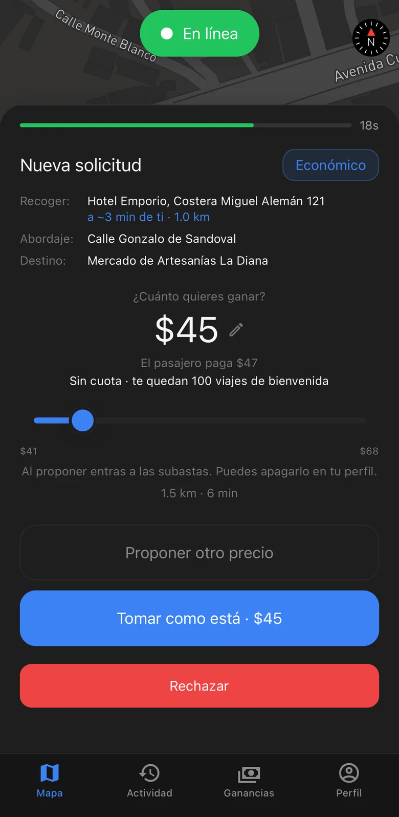 Conductor: solicitud de viaje en la aplicación