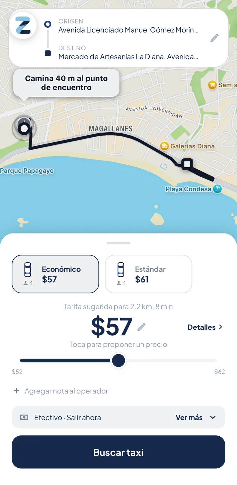 Pasajero: elegir destino y pedir un viaje