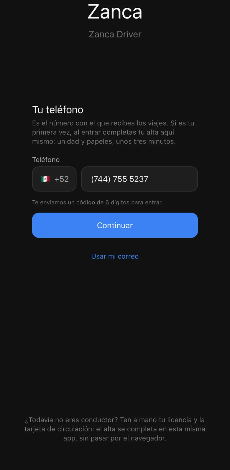Pantalla de la app de conductores: tu teléfono, con el botón de continuar