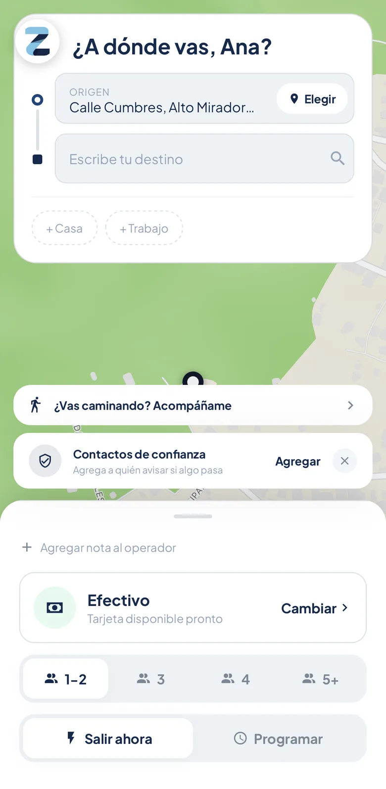 Pantalla de la app: ¿A dónde vas?, con el origen ya puesto y casa y trabajo a un toque